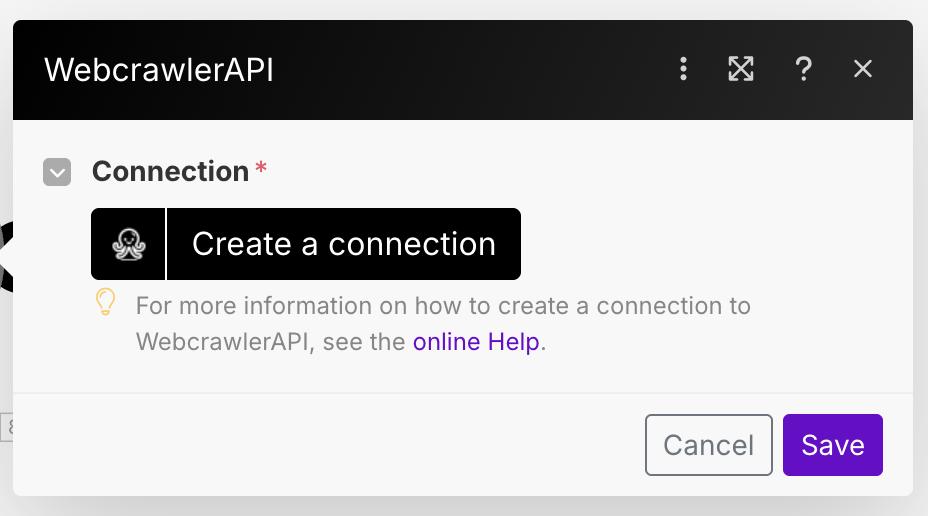 Make create connection WebcrawlerAPI app