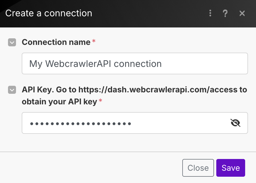 Make paste access key WebcrawlerAPI app