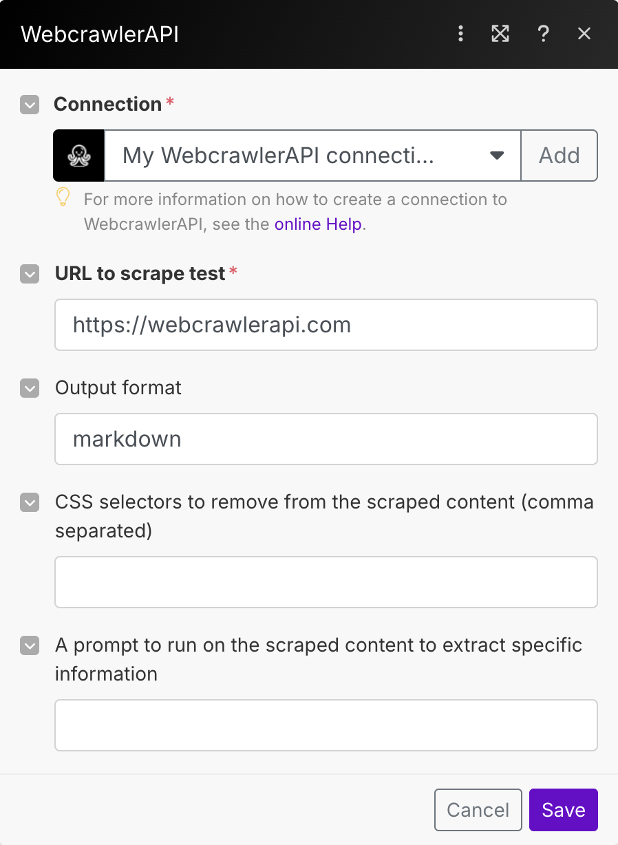 Make final screen WebcrawlerAPI app