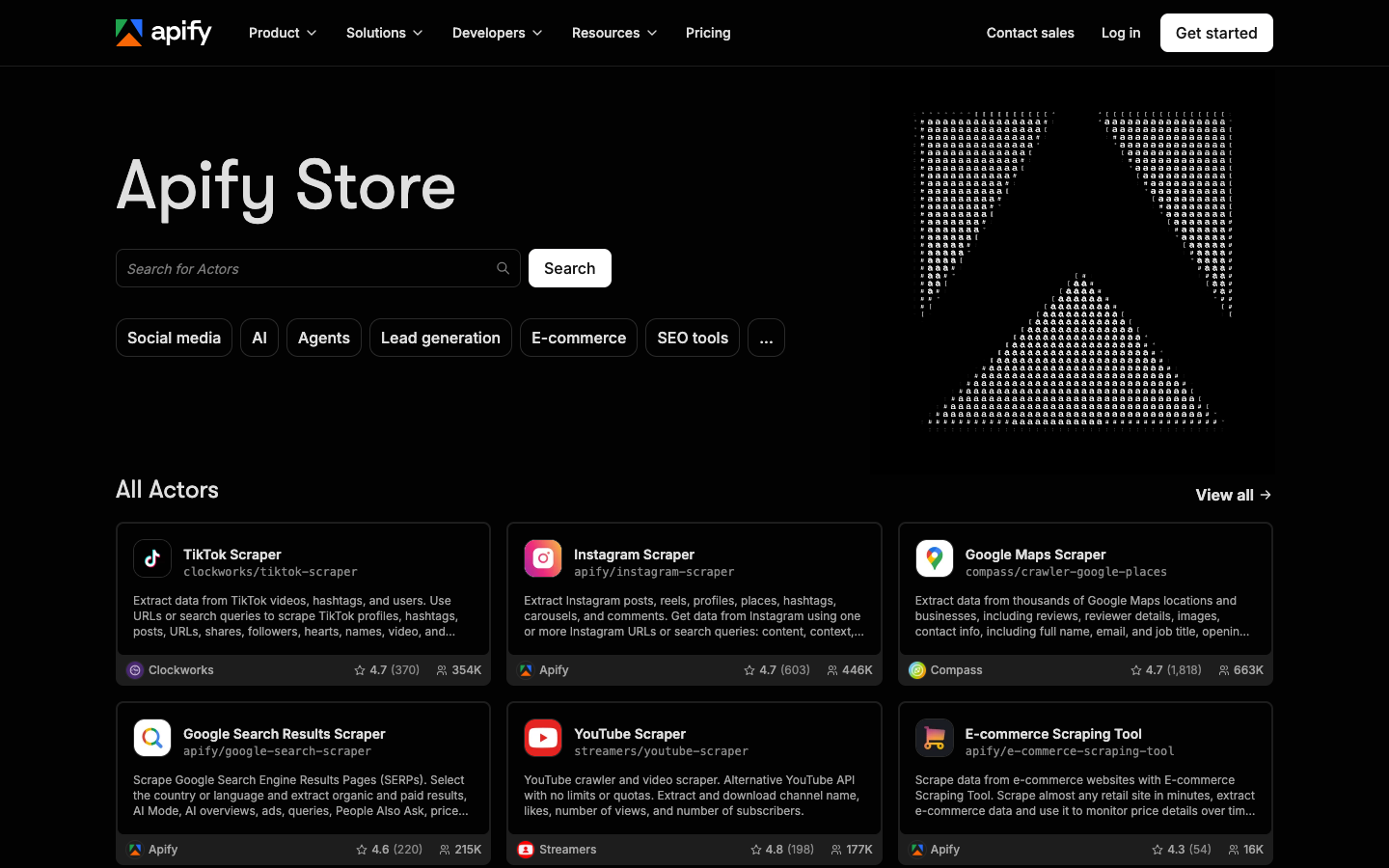 Apify Store front page showing Actor cards for TikTok, Instagram, Google Maps, YouTube and e-commerce, screenshot taken October 23, 2026