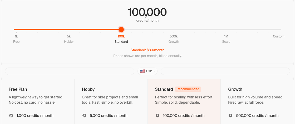 Firecrawl pricing page with the credits slider and Free, Hobby, Standard and Growth plans in USD, screenshot taken October 23, 2026