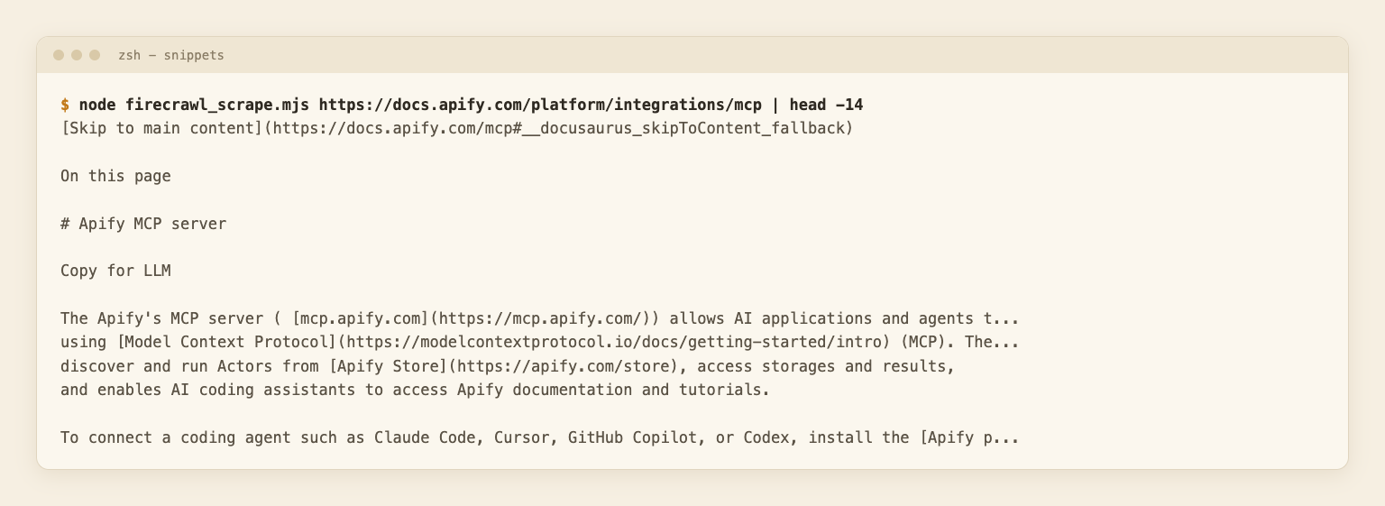 Terminal output of the Firecrawl scrape: the first 14 lines of markdown from the Apify MCP docs page