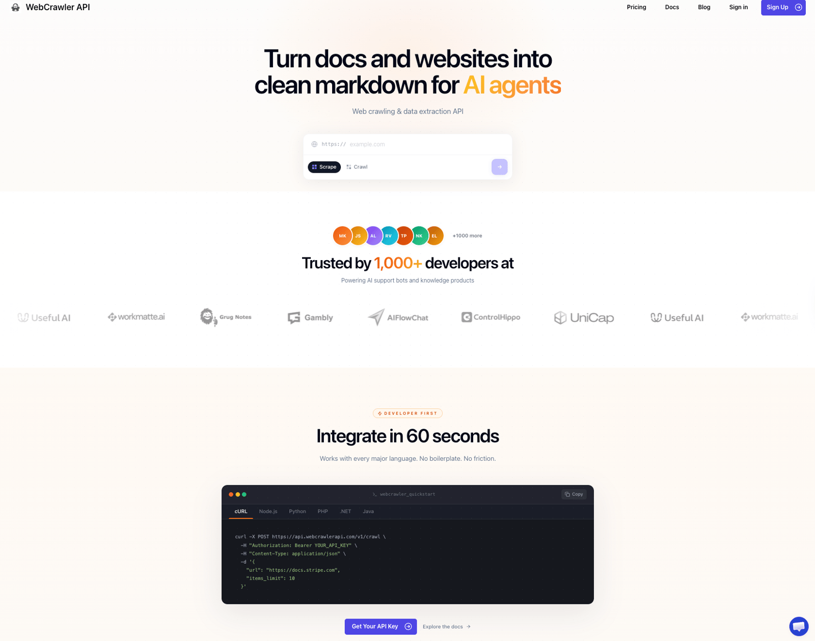 WebCrawlerAPI landing page