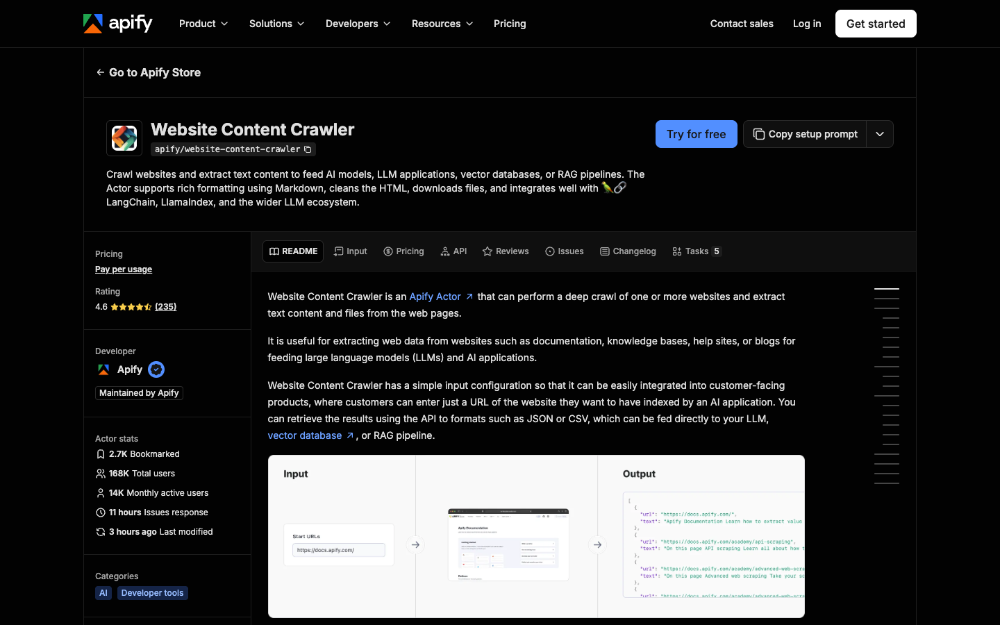 Apify Website Content Crawler page, October 2026