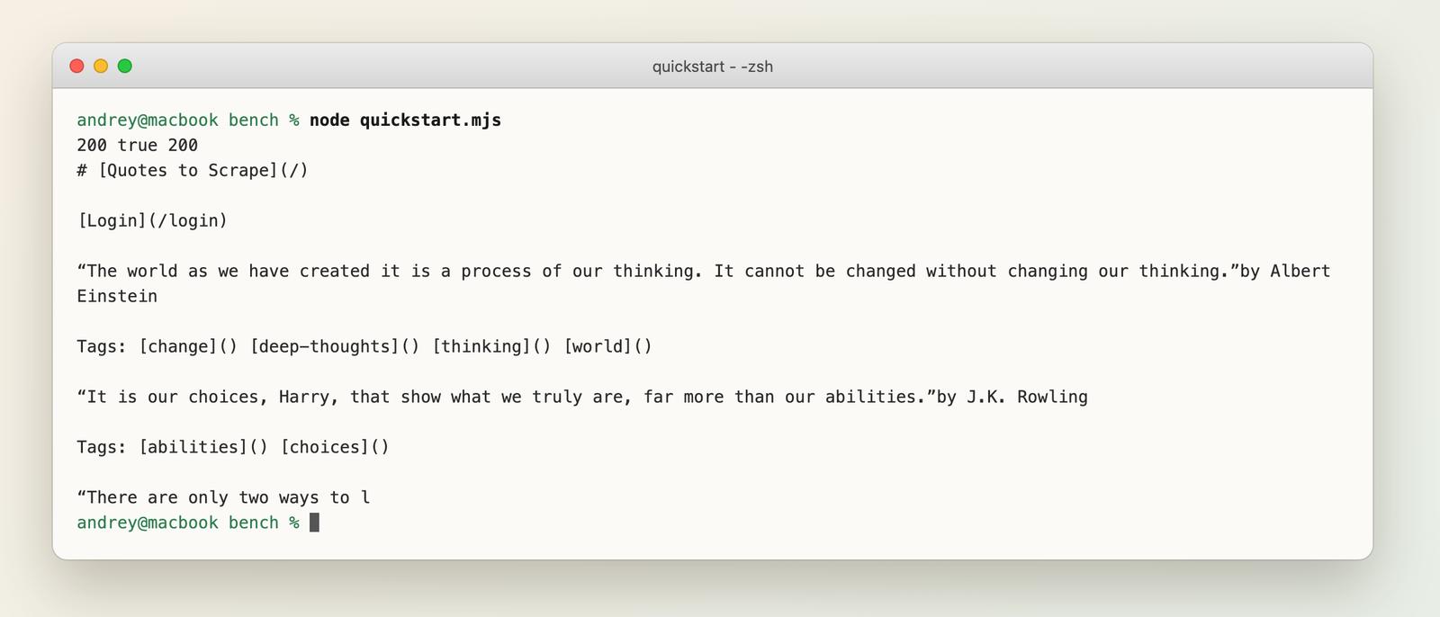 Terminal output of the Node script: status 200, true, 200, then the first quotes of the page as Markdown