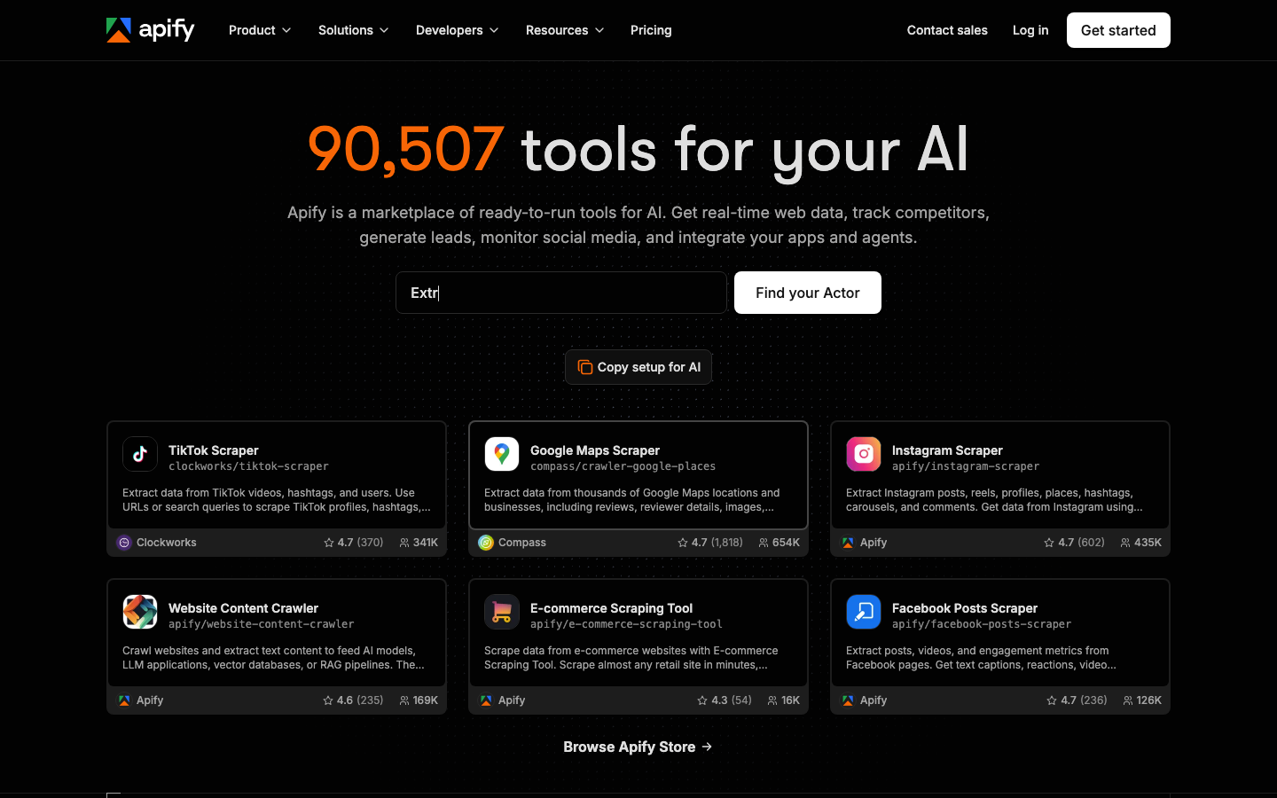Apify homepage on October 17, 2026, showing a marketplace of ready-made scraping Actors such as TikTok Scraper, Google Maps Scraper and Instagram Scraper