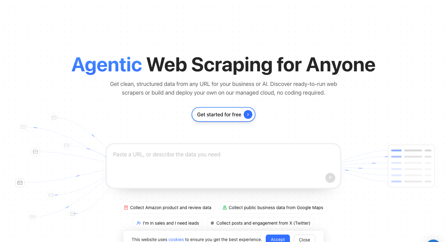 Octoparse homepage on October 17, 2026 with the headline "Agentic Web Scraping for Anyone" and a box to paste a URL or describe the data you need
