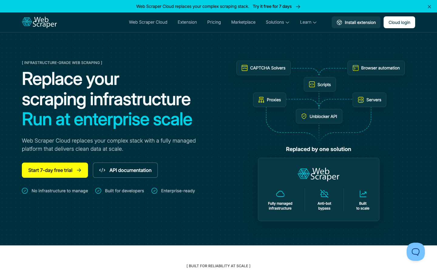 Web Scraper homepage on October 17, 2026, with the headline "Replace your scraping infrastructure, run at enterprise scale" and a seven-day free trial button