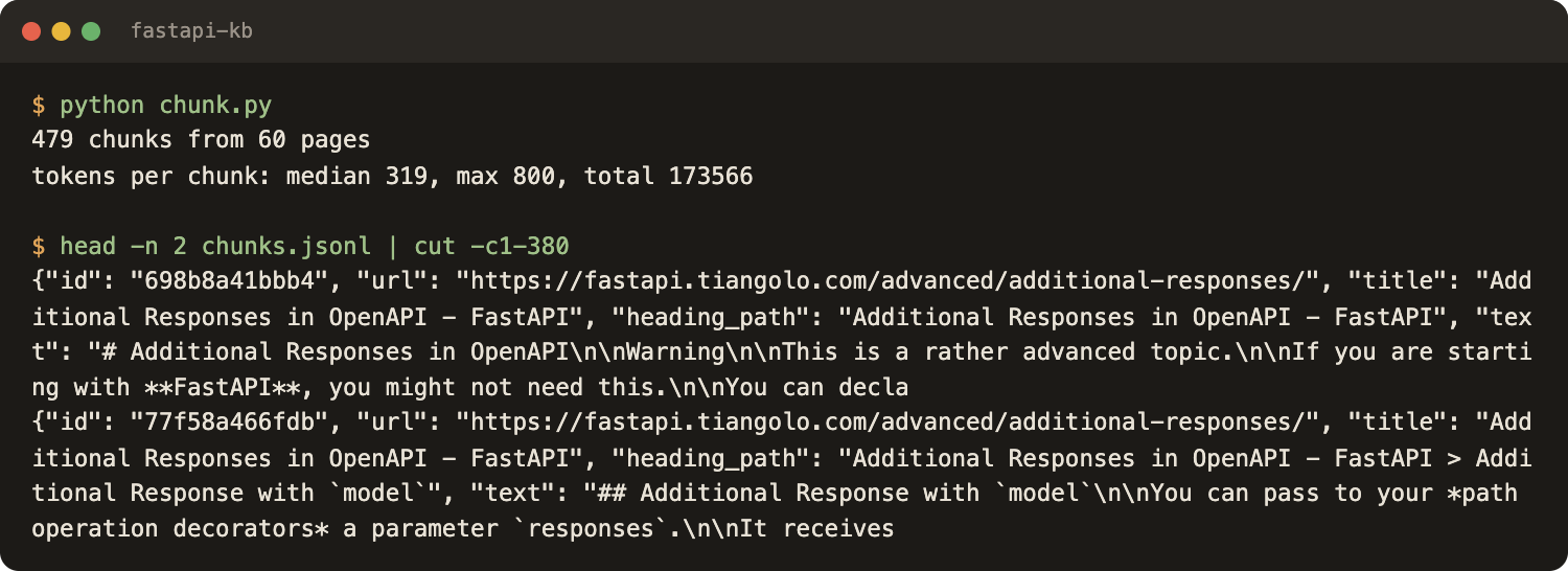Terminal output of python chunk.py: 479 chunks from 60 pages, median 319 tokens, and the first two lines of chunks.jsonl