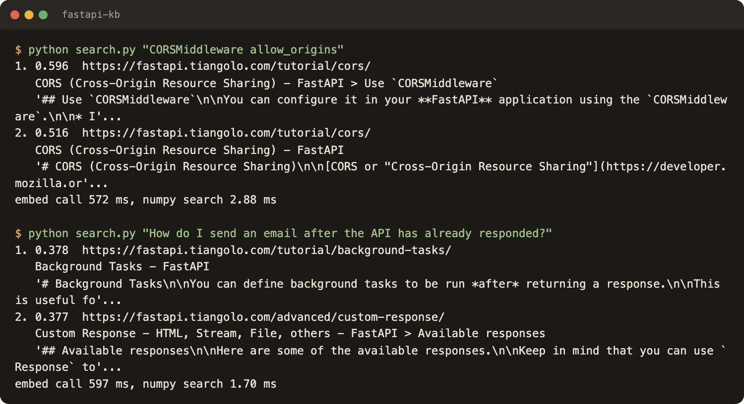 Terminal output of search.py for two queries: the first matches the CORS page by name, the second finds the background tasks page from a paraphrase