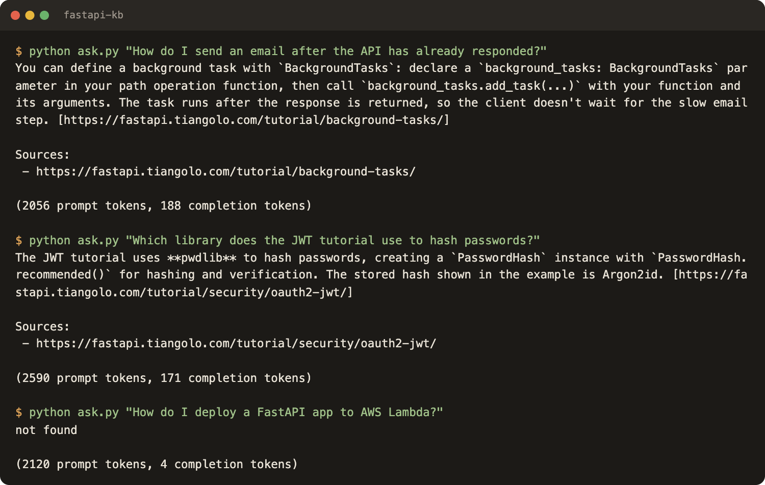 Terminal output of ask.py: an answer about background tasks with its source URL, an answer about pwdlib with its source URL, and not found for an AWS Lambda question