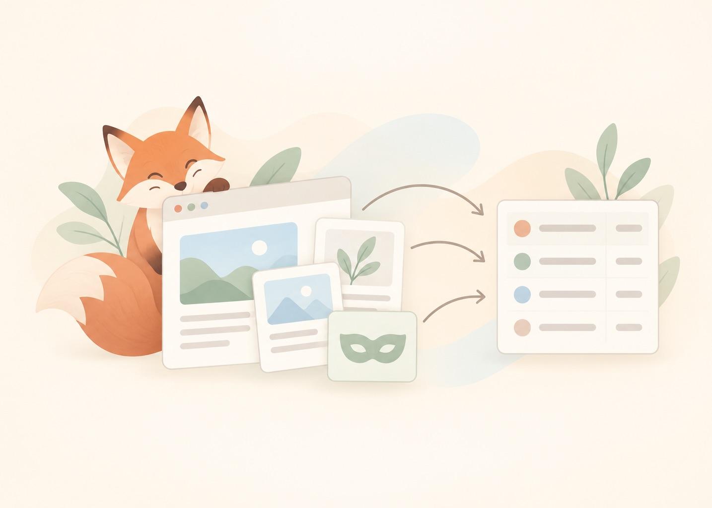 A friendly fox peeking out of a browser window, with page cards flowing along arrows into a tidy table of rows