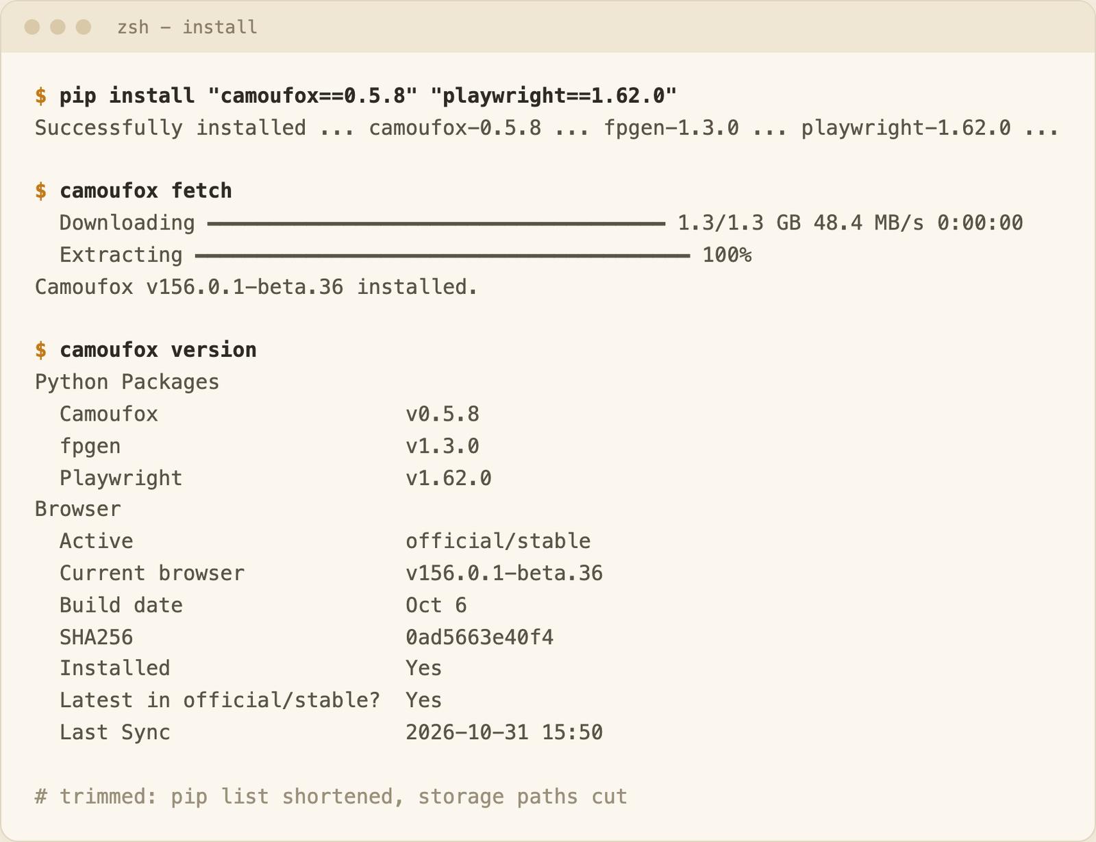 Terminal output of pip install, camoufox fetch and camoufox version showing camoufox 0.5.8, Playwright 1.62.0 and browser v156.0.1-beta.36