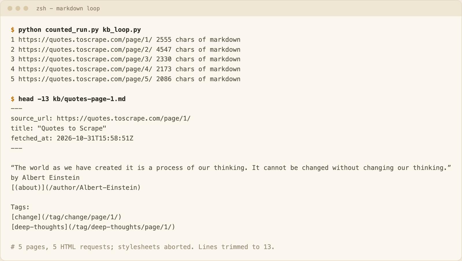 Terminal output of the markdown loop: five pages converted, and the first lines of quotes-page-1.md with source_url, title and fetched_at frontmatter