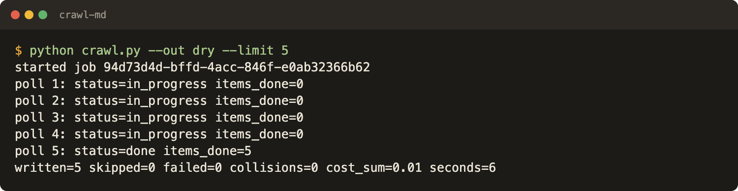 Terminal output of the first crawl run: a dry run of 5 pages finished in 6 seconds