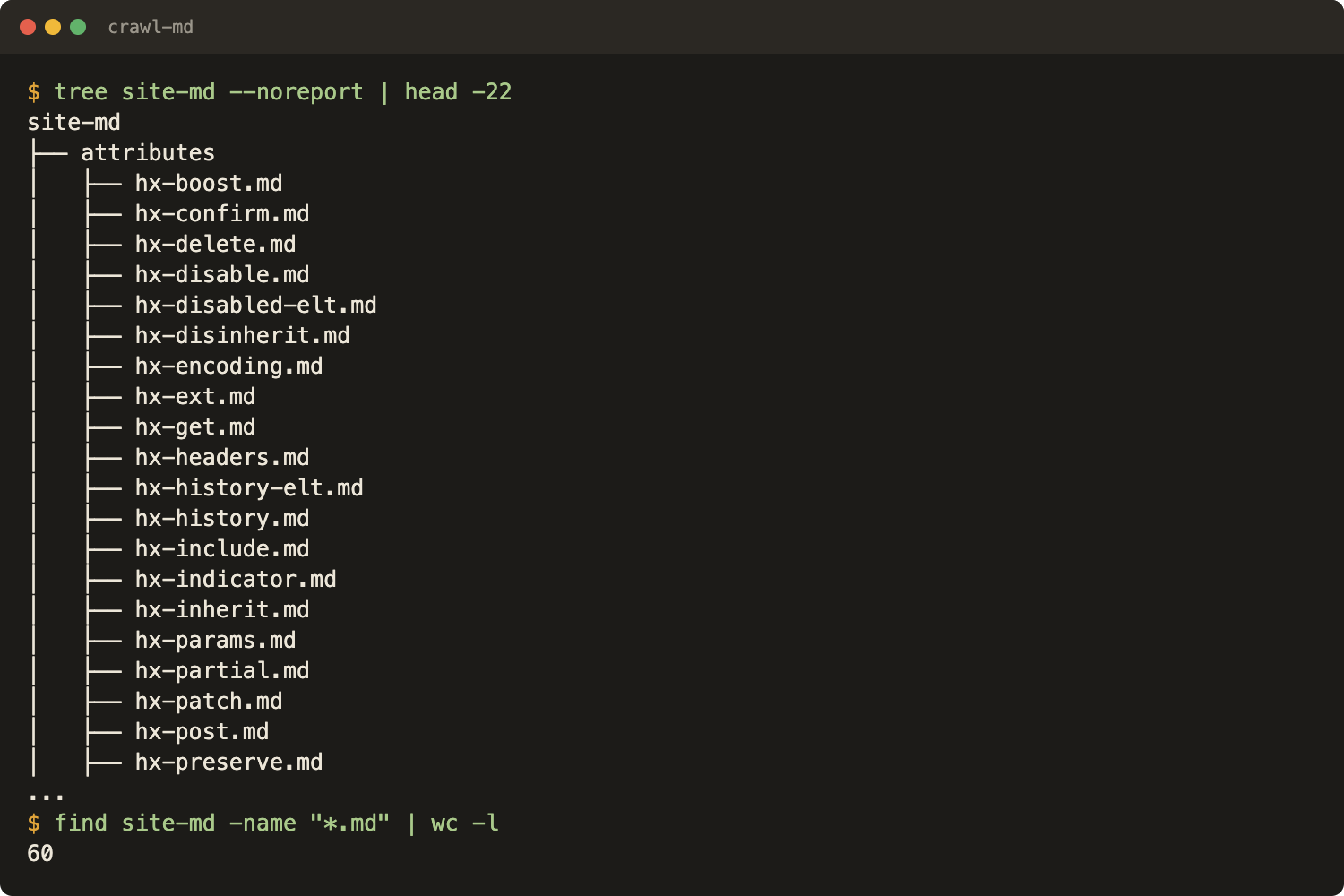 Folder tree of the crawl output: attributes and examples folders with one markdown file per page
