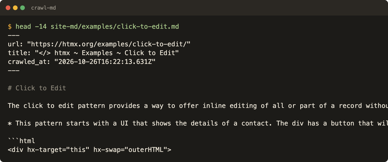 A crawled markdown file with url, title and crawled_at frontmatter above the page body