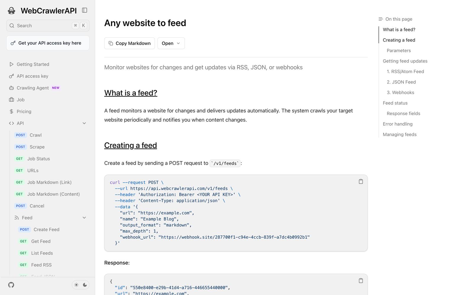 Creating a feed in the WebCrawlerAPI docs