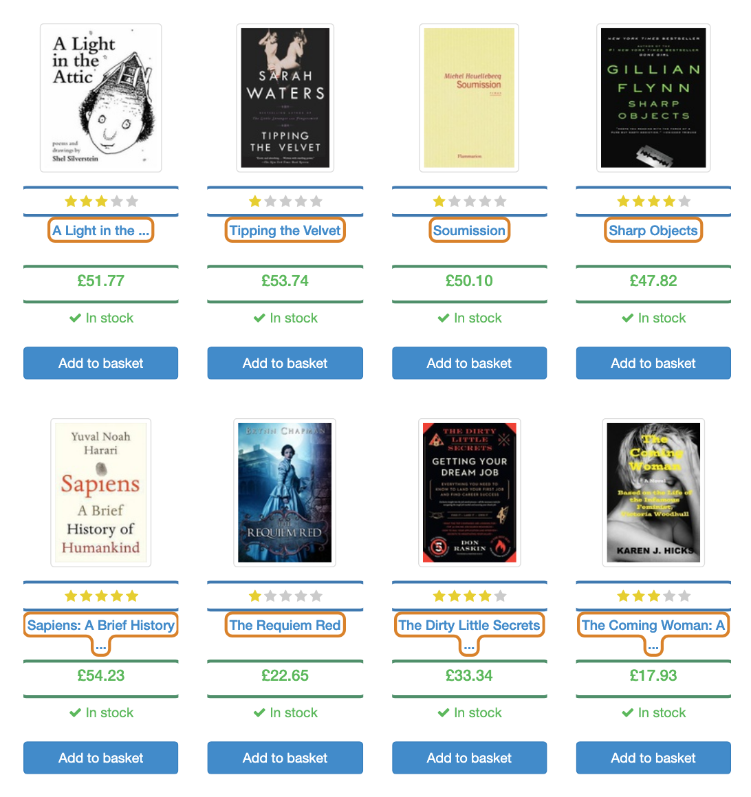 Page of books.toscrape.com with the title, price and star rating of each book outlined in color