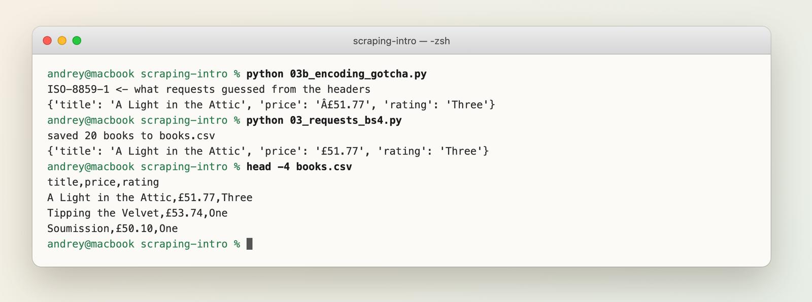 Terminal: the first run prints ISO-8859-1 and a price of Â£51.77; the fixed script saves 20 books, and head of the CSV shows £51.77