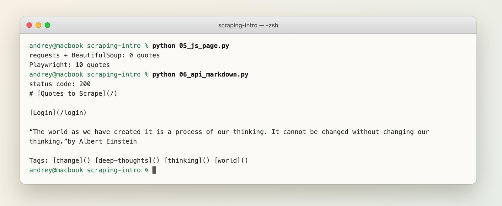Terminal: requests finds 0 quotes, Playwright finds 10, and the API call returns status 200 with the quotes as Markdown