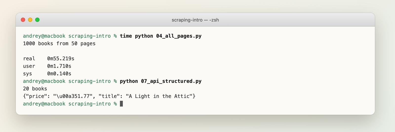 Terminal: the 50-page Python scraper saves 1000 books in 55 seconds; the structured API call returns 20 books