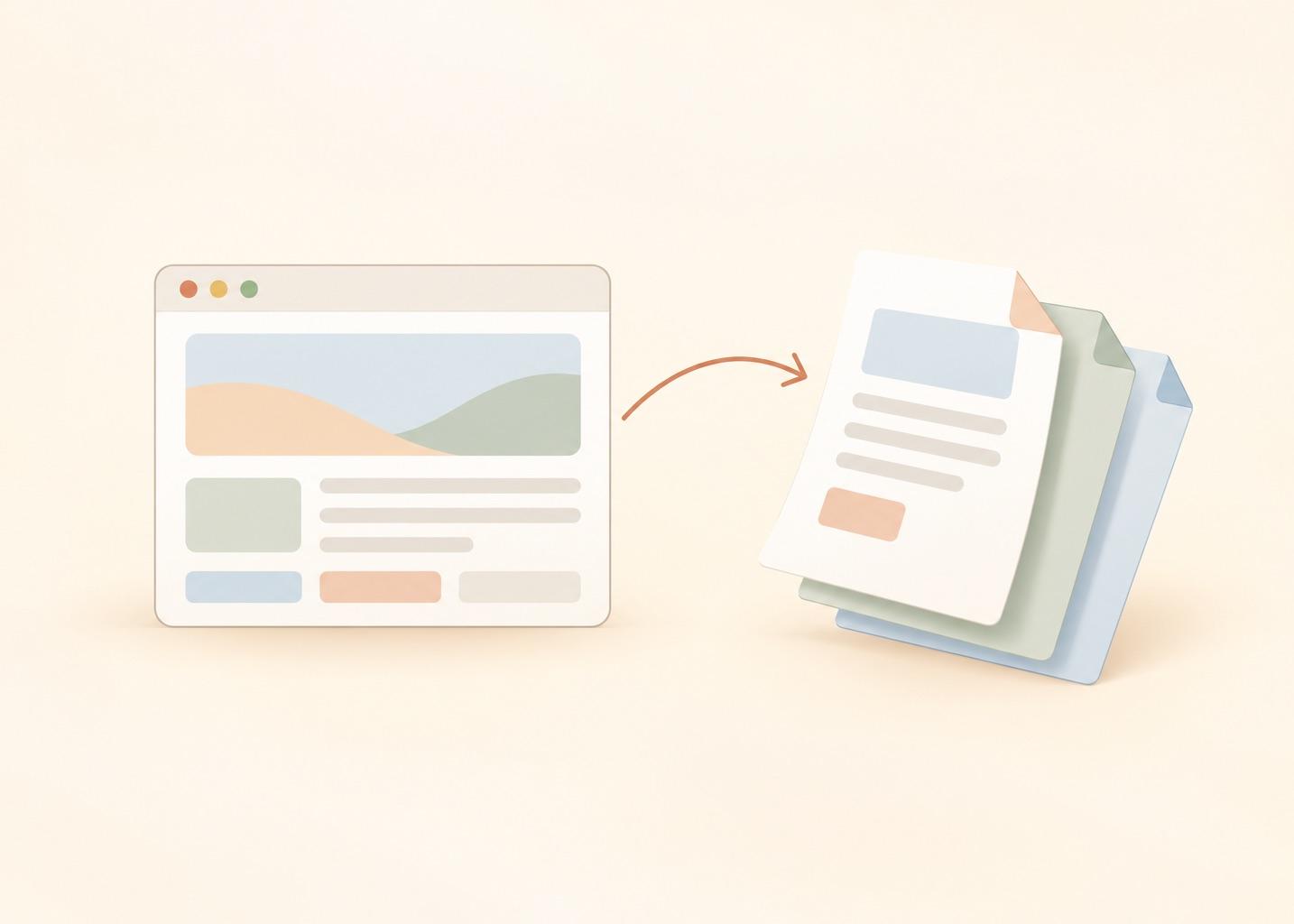 A browser window with abstract page blocks, a curved arrow, and a stack of paper sheets with a folded corner
