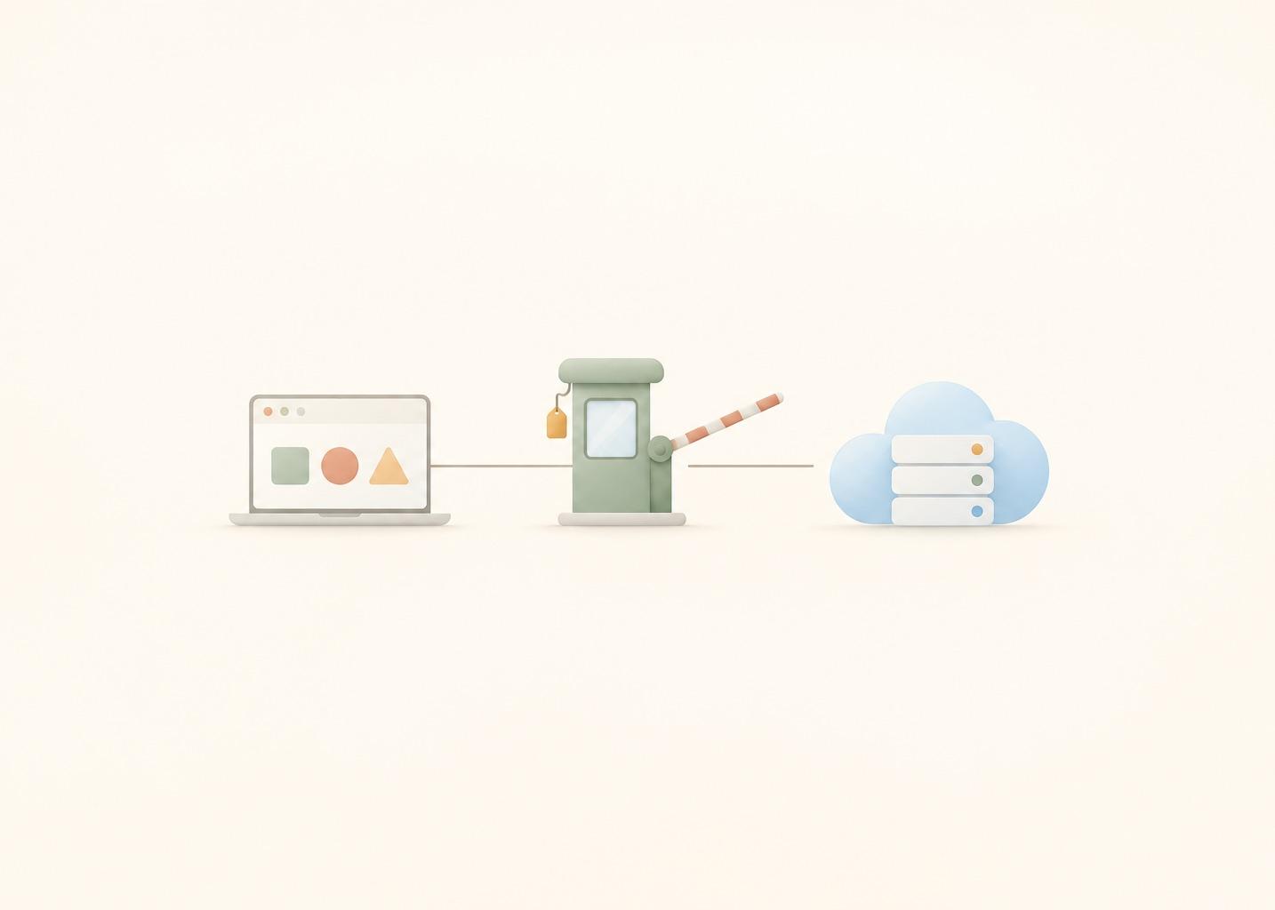 A small laptop window on the left is joined by a thin line to a green toll booth with an amber key tag, and a pale blue cloud server stands further right