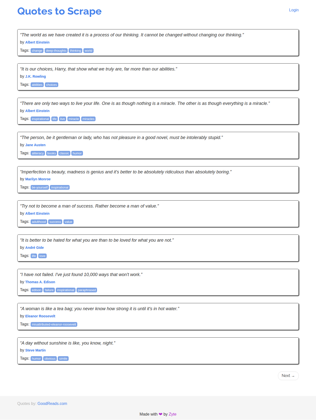 Full-page screenshot of quotes.toscrape.com/js taken by Playwright on Ubuntu 26.04