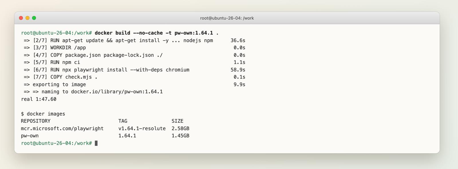Terminal showing docker build timings and image sizes