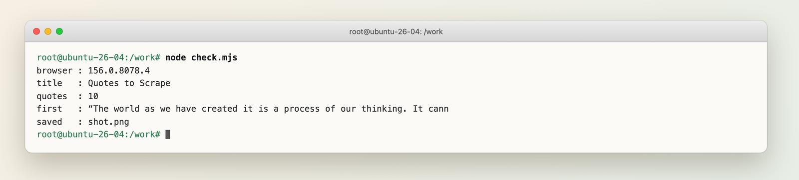 Terminal showing the output of node check.mjs