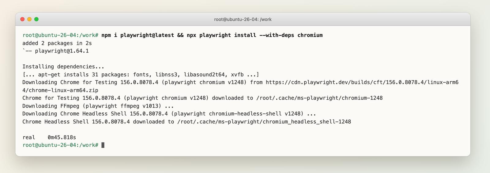 Terminal showing a successful playwright install --with-deps chromium on 1.64.1