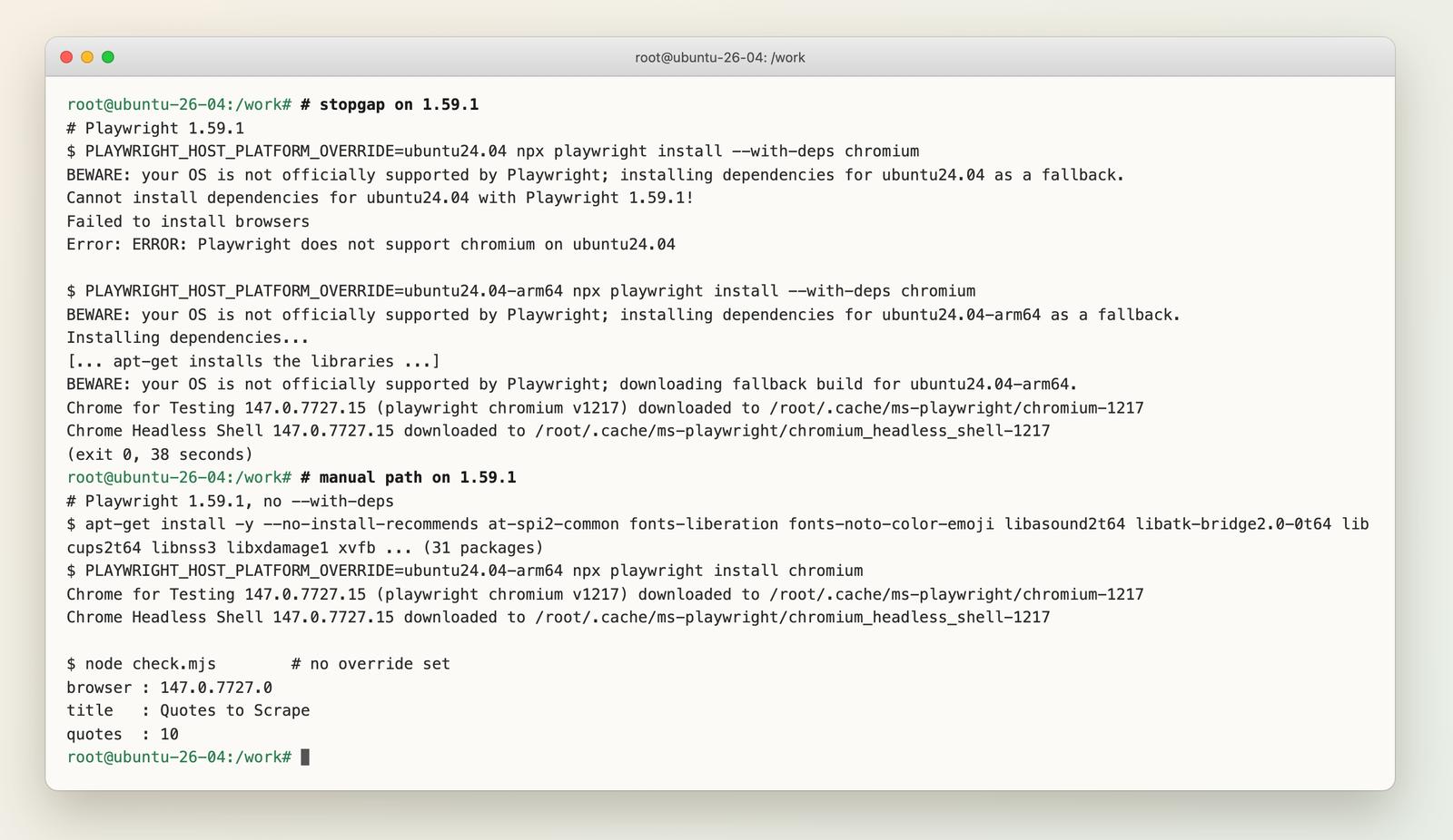Terminal showing the override and manual install on Playwright 1.59.1