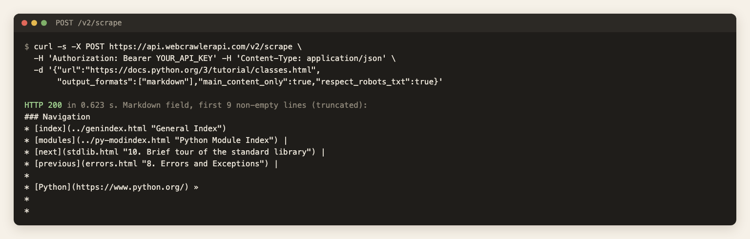 Terminal card with the scrape request and the first lines of the markdown response for the Python docs page