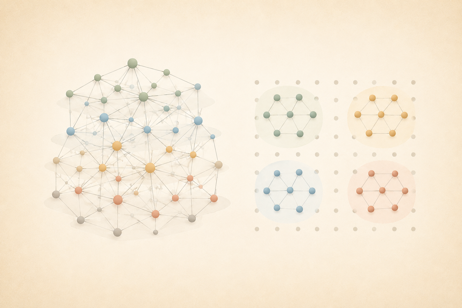 Soft flat-vector illustration contrasting a dense interconnected network graph on the left with a simpler clustered grid of dots on the right