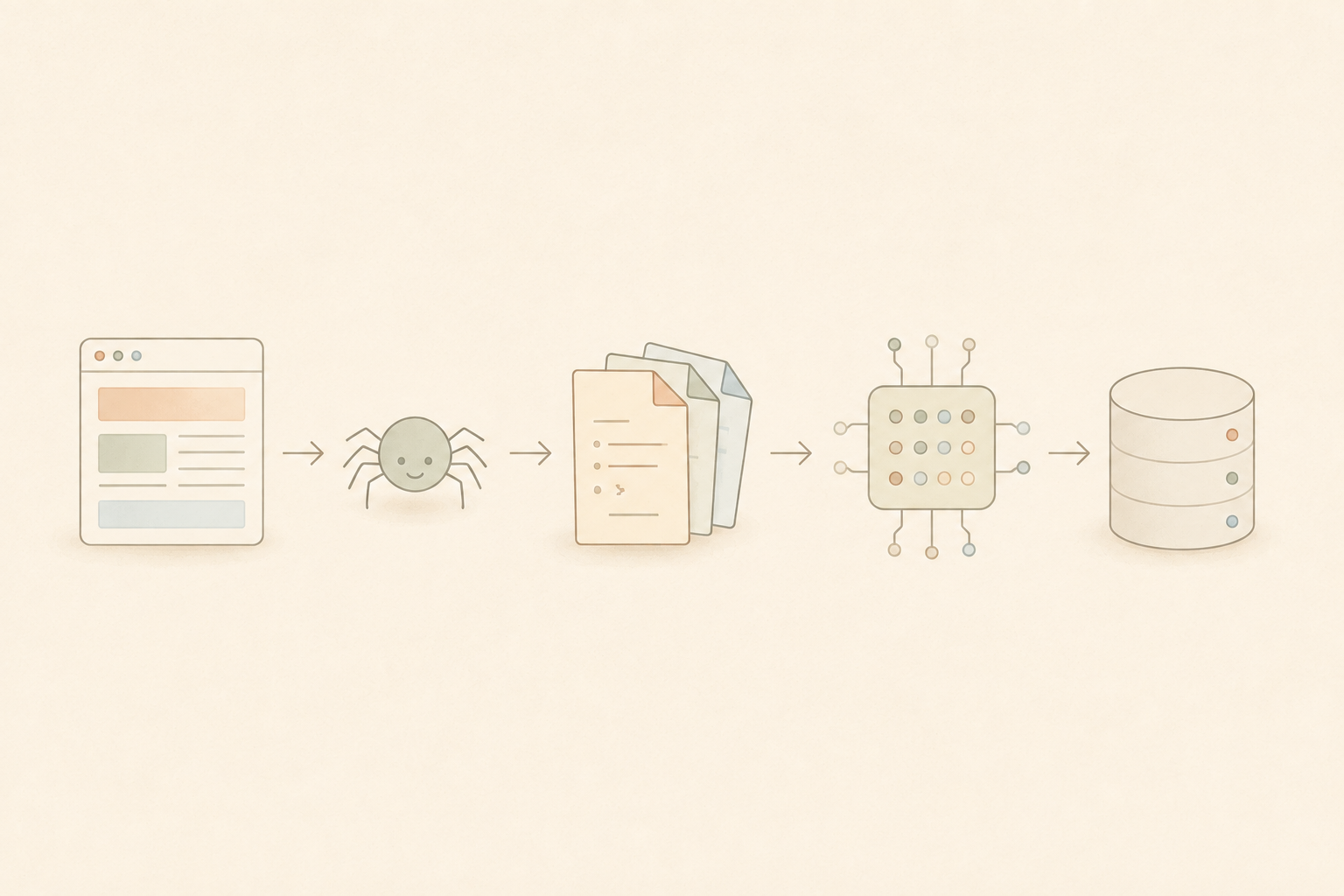 Soft flat isometric illustration of a pipeline from webpage to crawler to markdown pages to an embedding chip to a database cylinder