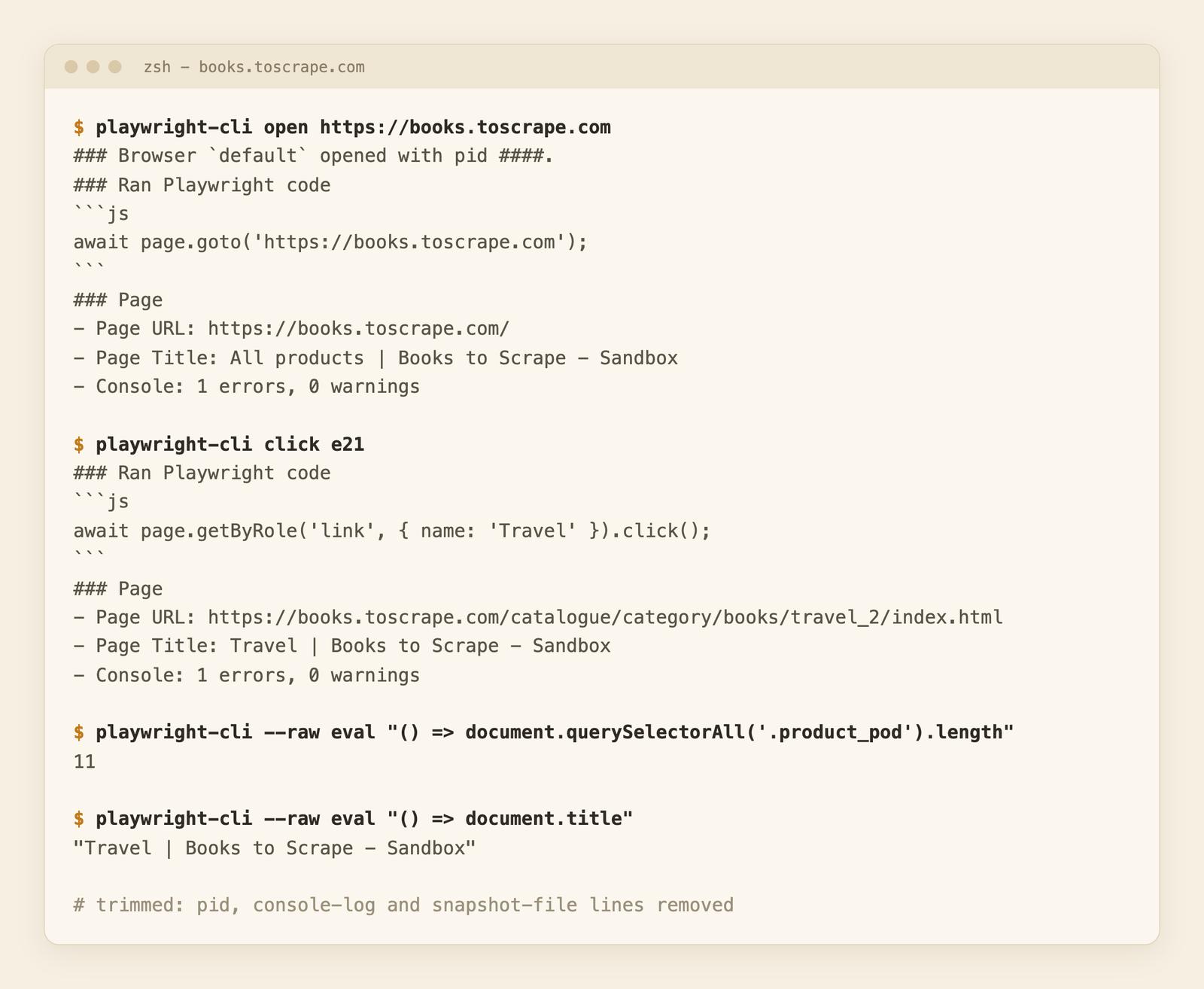 Terminal output of playwright-cli open, click e21 and two eval calls on books.toscrape.com