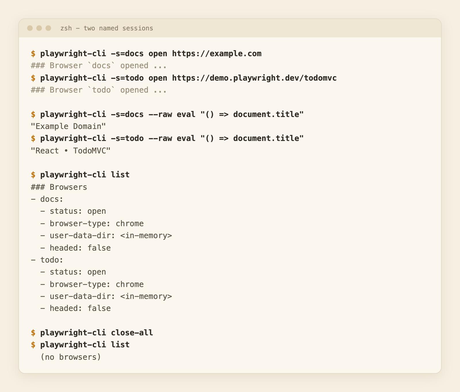 Terminal output of two named sessions, list and close-all