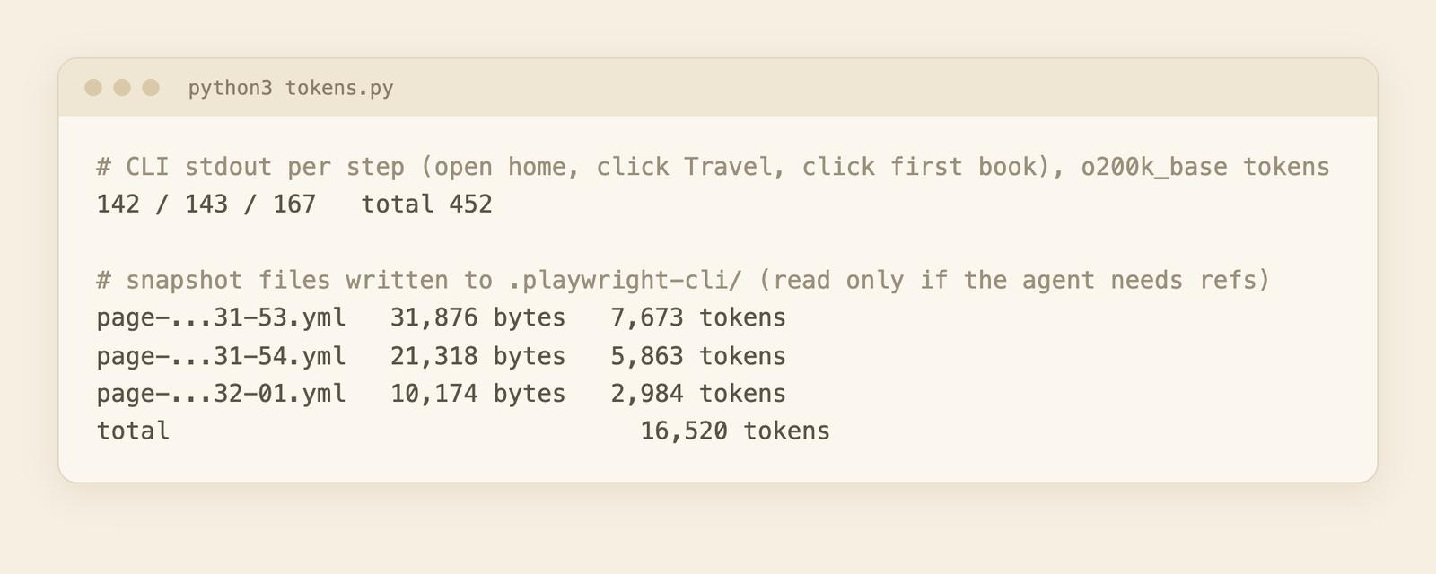 Terminal summary of CLI stdout tokens per step and snapshot file sizes