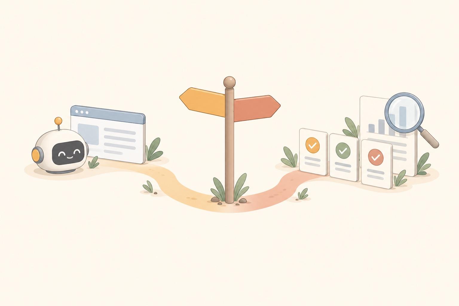 A signpost splitting into two paths: one to a robot and a browser, one to test cards and a report