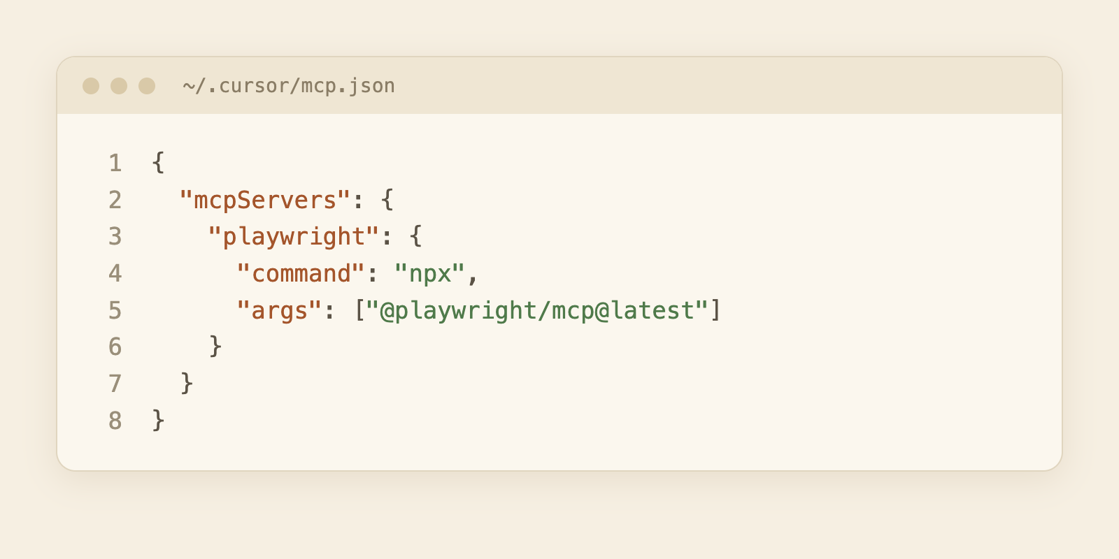 Mock-up of a mcp.json file with the Playwright server entry