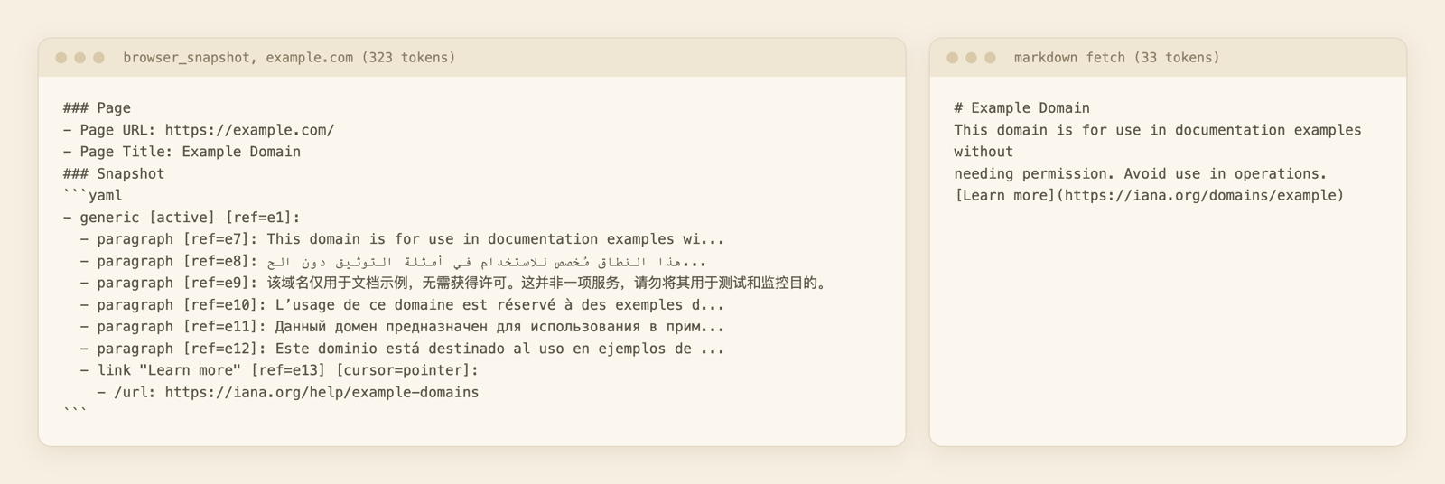 A browser snapshot of example.com next to the same page as markdown