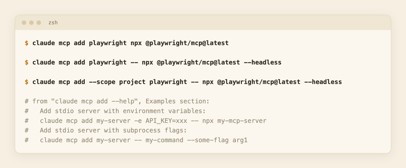 Terminal with the three claude mcp add commands and an excerpt of the claude mcp add help text