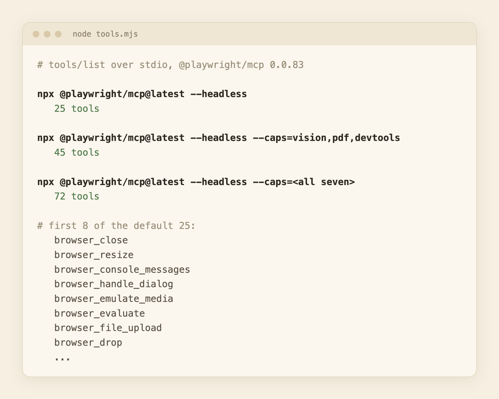 Terminal output of the tool counts for three configurations