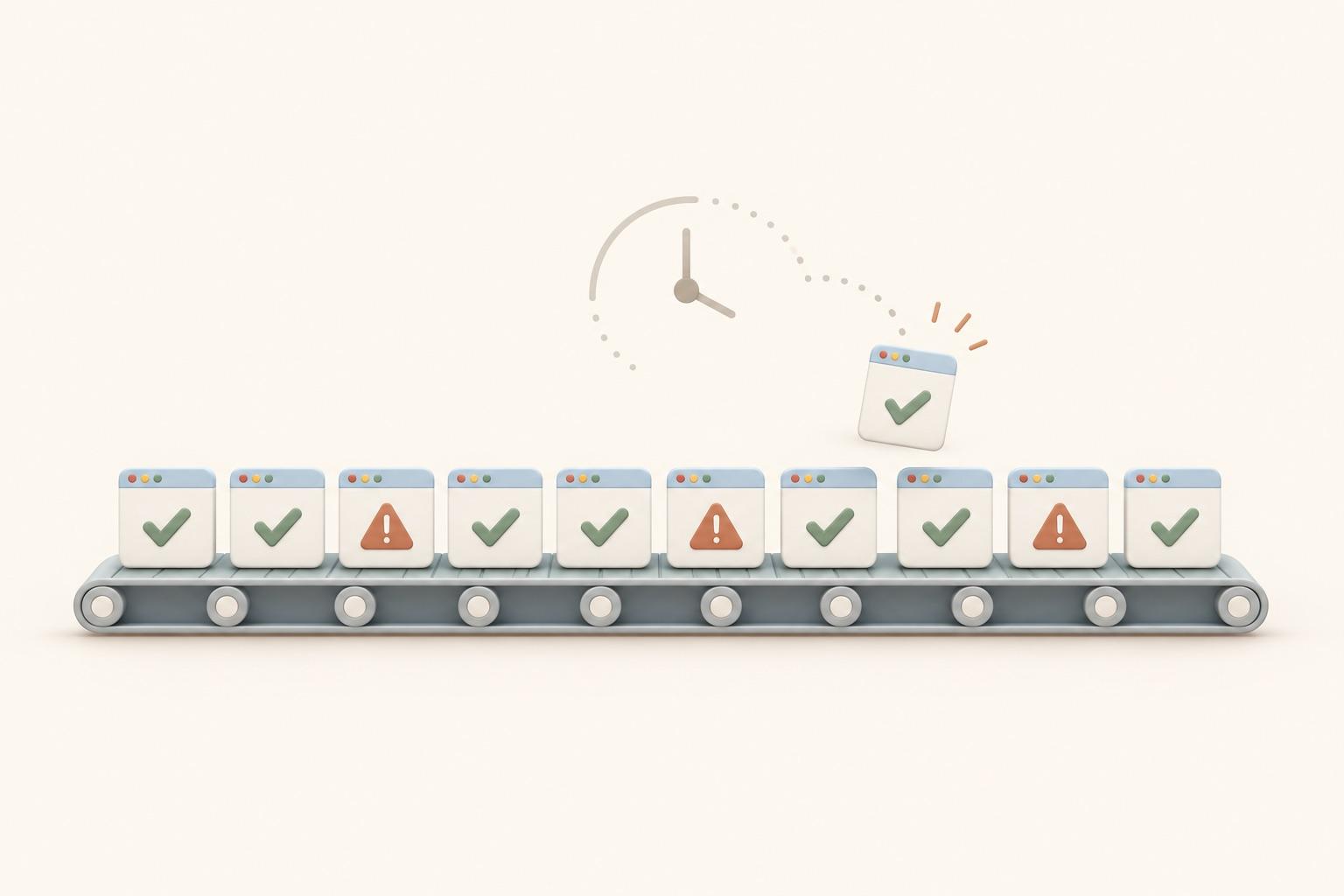 A row of browser tiles on a conveyor belt, mostly with check marks and a few with warning triangles