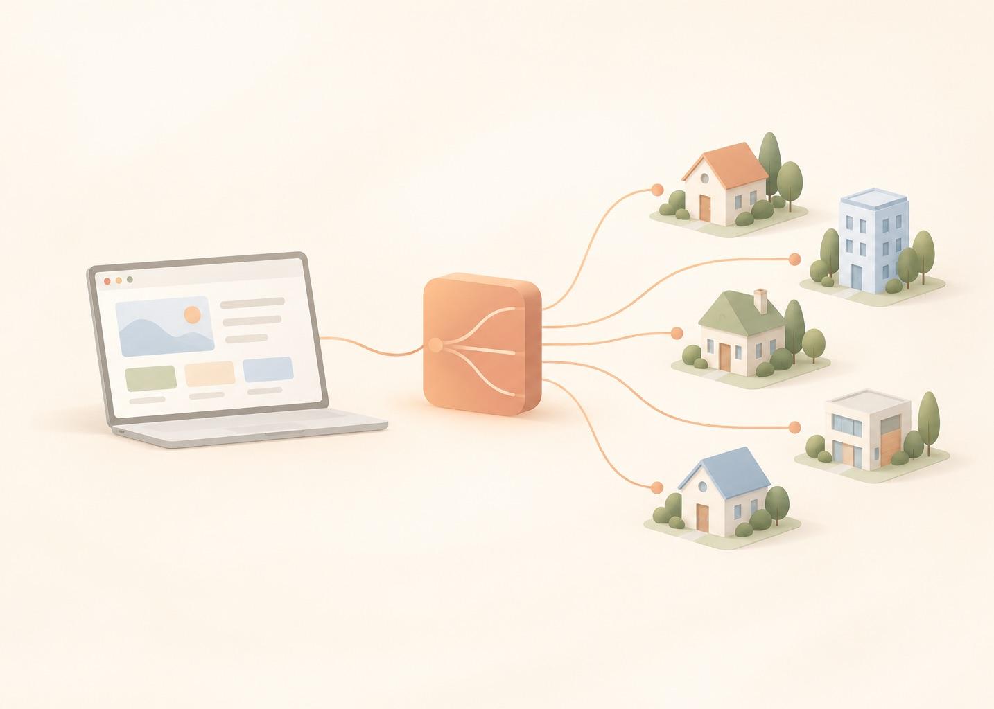 A laptop on the left sends traffic into a single gateway block that fans out to five separate houses on the right, each standing for a different IP address