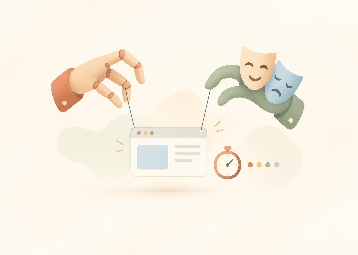 Two hands, a marionette hand and a pair of theatre masks, pulling strings attached to one small browser window, next to a stopwatch