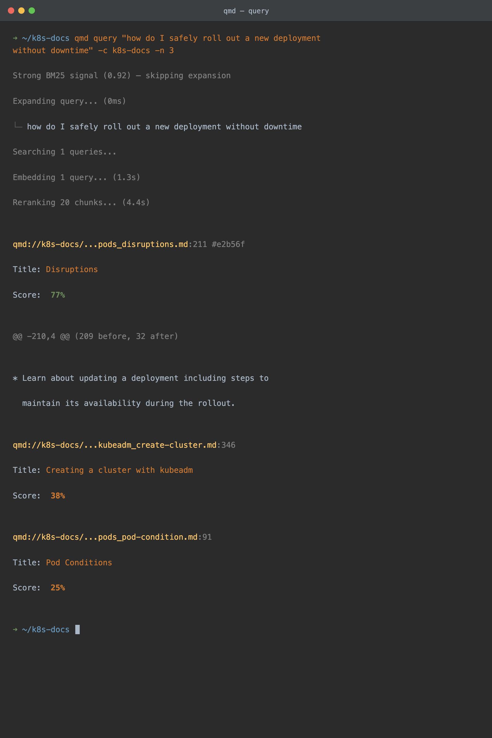 Example qmd output: hybrid query with expansion, reranking, and 3 ranked results