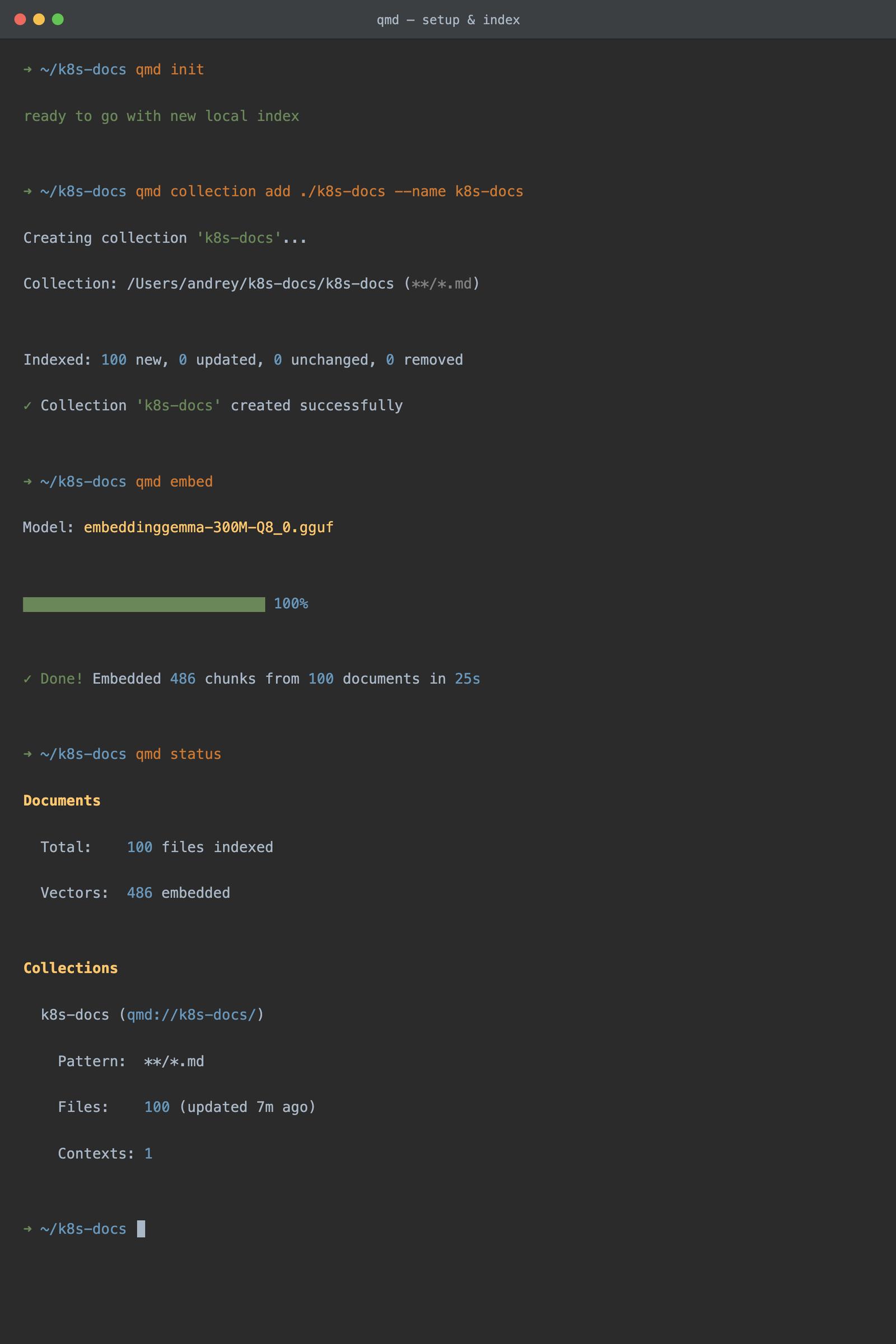 Example qmd output: init, collection add, embed, and status