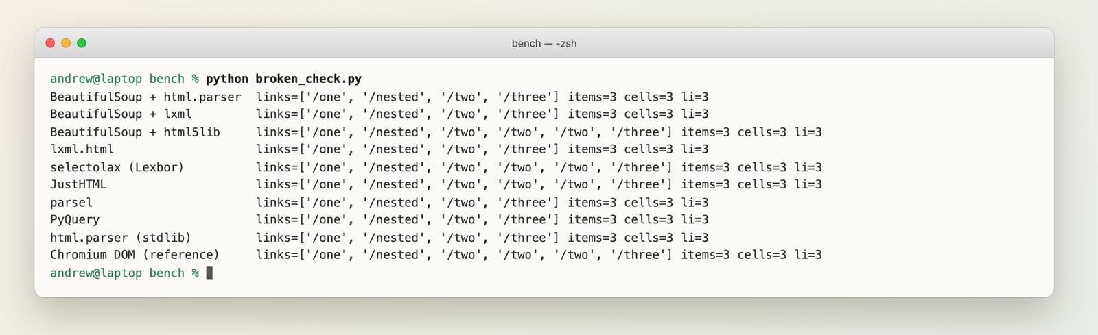 Terminal output comparing the link list returned by each parser on the broken HTML file against the Chromium DOM